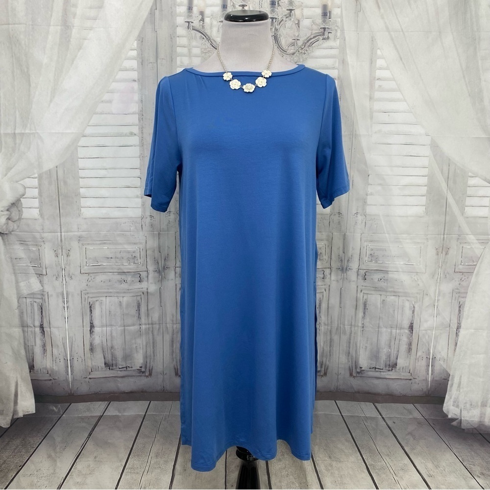 Eileen Fisher Size Medium Blue Coast Boat Neck Tunic Short Sleeve Split Side NEW